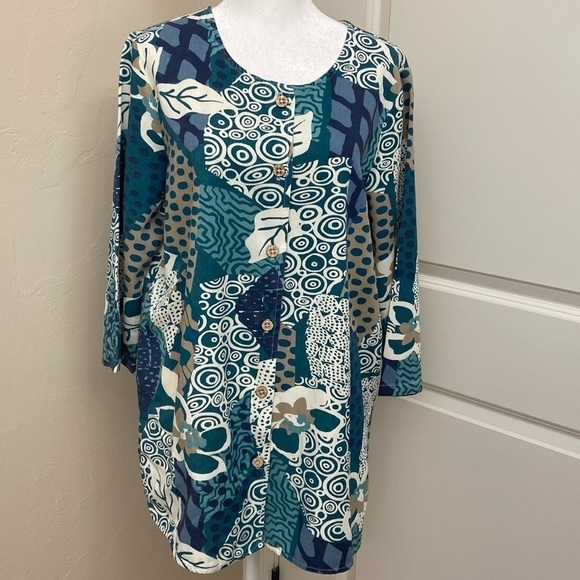 Hot Cotton Tunic blouse Top Womens M Button Down Rayon/Cotton Lagenlook tropical - Picture 1 of 9